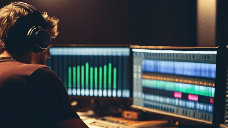 a music producer sits at two monitors in a studio