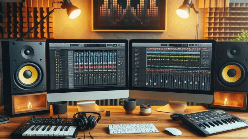 music studio with 2 monitors and daw